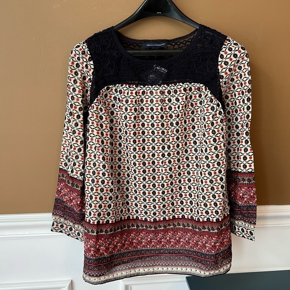 French Connection Brand New Size XS Utility Blue Blouse w/ Lace Boho Cottagecore - Picture 3 of 8